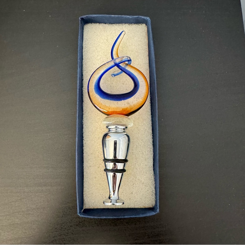 Murano-style Glass Wine Bottle Stopper. Handmade. Blue & orange swirl design NWT